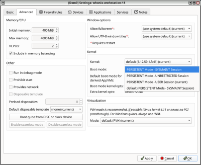 Whonix-Workstation Qubes VM Manager - Sysmaint Boot option